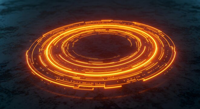 Glowing orange technological circular HUD display with segmented rings and digital elements on ground surface for futuristic interface design