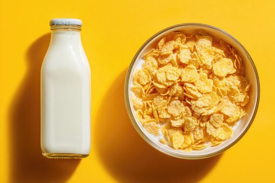 Milk and cereal breakfast, flat lay