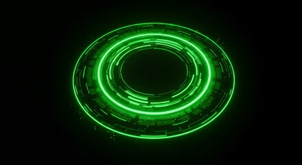 Vibrant green glowing circular holographic HUD interface with concentric segmented rings and digital particles on dark technology background