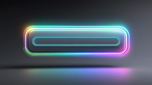 Abstract neon rectangle with bright gradient lights in cyberpunk style on dark background creating effect of glowing frame with button, reflection on surface, futuristic design with copy space.