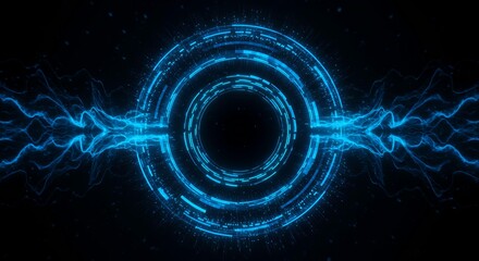 Bright cyan blue circular portal with electric energy waves and technical HUD rings on dark background for powerful digital interface