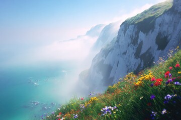Coastal cliffs blanketed in wildflowers, mist-shrouded sea