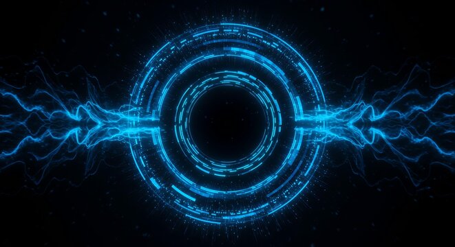 Bright cyan blue circular portal with electric energy waves and technical HUD rings on dark background for powerful digital interface