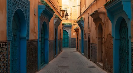 Old Moroccan medina with colorful doors and intricate tiles