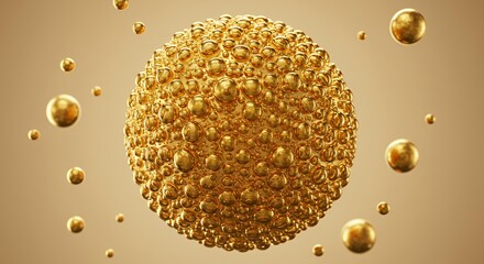 Luxurious golden sphere covered with glossy bubbles and smaller gold spheres floating on beige background, premium 3D rendering for cosmetics skincare