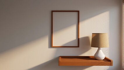 Blank Beige Wall Mockup Wooden Frame Table Lamp blank frame
