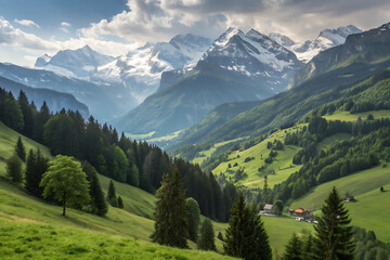 Scenic surroundings near the resort Wengen. Great and gorgeous scene. Famous tourist attraction. Location place Swiss alp, Lauterbrunnen valley, Bernese Oberland, Europe. Discover the world of beauty.
