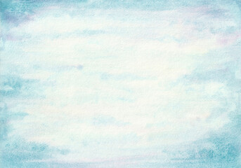 Watercolor hand-drawn background with a gentle blue sky for the design of postcards, printing and printed products