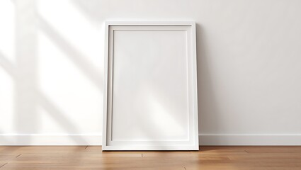 White Blank Frame on Light Wood Floor Against White Wall