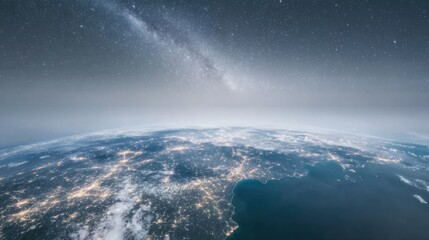 A satellite view of a country powered 100% by renewables, glowing grids, data flow overlays, Earth at night, eco-tech future 