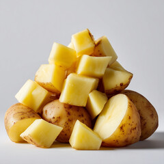 Stacked diced potato cubes with whole pieces on a clean light background 
