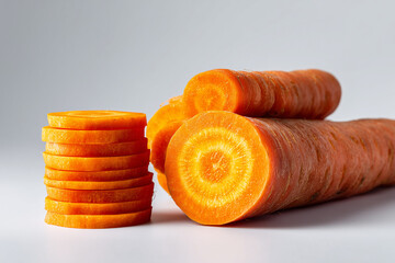 Stacked carrot rounds and cross-sections on a clean white background
