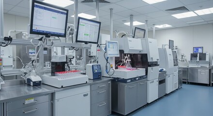 Advanced laboratory equipment with digital displays, medical research facility, scientific instruments, test tube automation, healthcare innovation, sterile lab environment, commercial medical