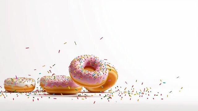 Colorful donut with pink and white icing and sweet sprinkles flying motion white background joyful playful pastry dessert scene with scattered