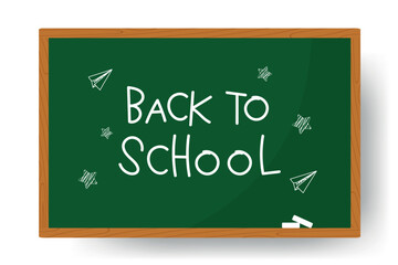 Back to school. Green school blackboard with chalk. Realistic blackboard in a wooden frame on a white background. Background for school