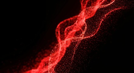Twisted red particle stream with glowing effects on dark background representing DNA helix, data spiral, and molecular structure visualization