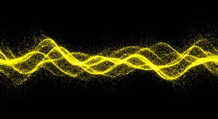 Bright yellow glowing particle waves flowing horizontally in multiple layers across black background for energy technology visualization