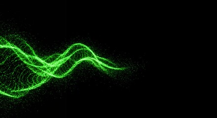 Green glowing particle energy waves flowing diagonally from left with trailing light effect on black background for technology visualization