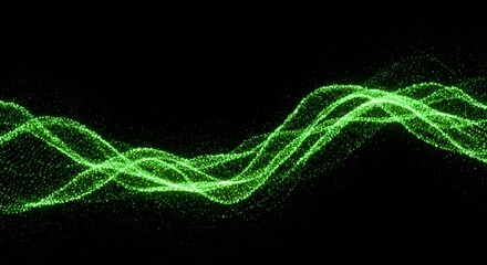 Flowing green luminous particle streams creating dynamic wave pattern on dark background, representing digital data transfer and network connectivity visualization