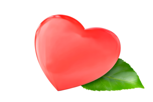 Shiny Red Heart Shape with Green Leaf Accent, cut out transparent