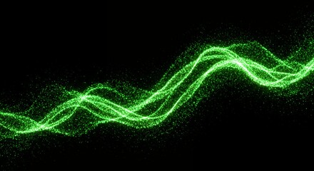 Dynamic green glowing particle waves intersecting on black background, abstract representation of digital network data flow and technological innovation concept