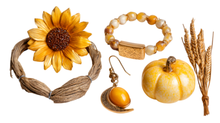 Harvest adornments capture autumn's charm with sunflower, bracelet, earring, pumpkin, and wheat isolated on white background 