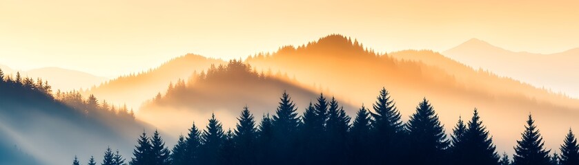 Fototapeta premium A breathtaking panoramic view of a mountainous landscape at sunset with a dense pine forest in the foreground and layers of hazy golden light enveloping the scene