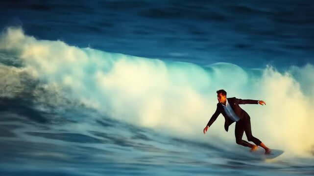 A businessman surfing on the open sea with big waves. 4k video