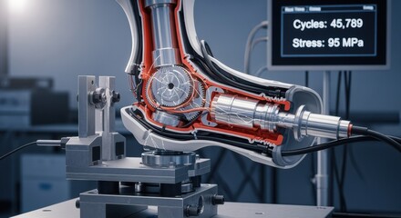 Crosssectional visual of an exoskeleton joint system under fatigue stress evaluation highlighting internal structural components on a lab test stand.
