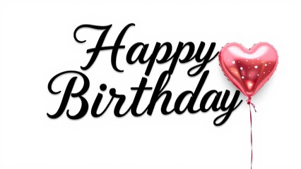 Eleganter &bdquo;Happy Birthday&ldquo;-Schriftzug in schwarzer Kalligrafie mit gl&auml;nzendem, herzf&ouml;rmigem rosa Folienballon, dekorativ auf wei&szlig;em Hintergrund. Perfekt f&uuml;r Geburtstagskarten, Social Media, Gru&szlig;design