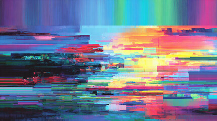 An abstract digital glitch effect featuring horizontal pixel distortions and fragmented visuals, vibrant tech-inspired design