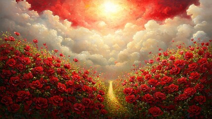 Surreal Heaven's Pathway with Heart Clouds and Hell Gate in Sunlit Field, Symbolizing Hope Afterlife
