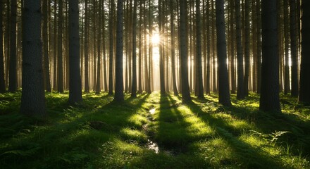 Fototapeta premium Bright morning sunlight illuminating misty pine forest floor with vibrant green moss and long dramatic tree shadows