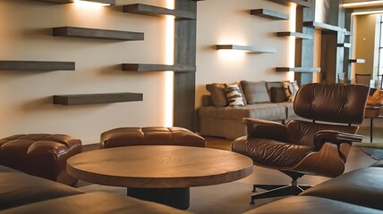 An inviting sitting area with a round wooden coffee table placed between a brown leather chair and ottoman, facing a cozy sofa. Floating shelves decorate the wall..