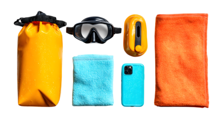 Adventure awaits pack vibrant essentials for beach scuba diving with phone safety case and orange towel isolated on white background 