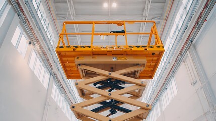 Yellow scissor lift platform extending in bright industrial building, high angle view