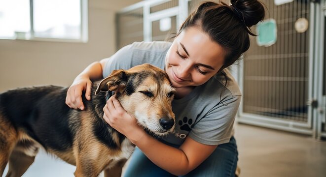 Woman hugging dog animal shelter rescue adoption pet care love canine friendship volunteer happy friend national dog day