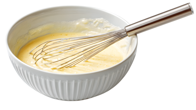 Bright batter being whisked in a modern white bowl, prepare yourself for baking something delicious isolated on white background 