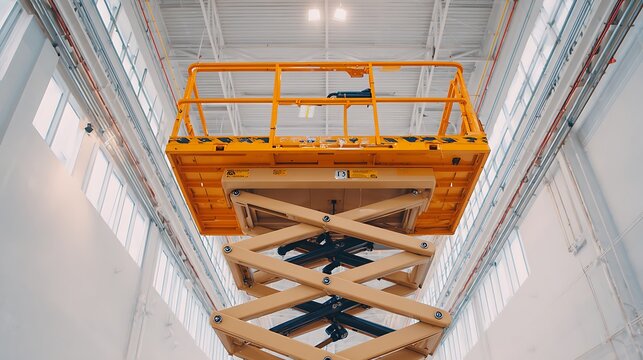 Yellow scissor lift platform extending in bright industrial building, high angle view