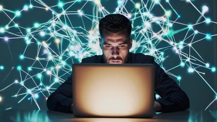 Young man at a laptop in a modern office as a morphing 3D network—glowing teal nodes and lines—rotates beside him, shifting topology like an AI/Internet graph; sleek, abstract tech vibe (4K, 16:9). - Powered by Adobe