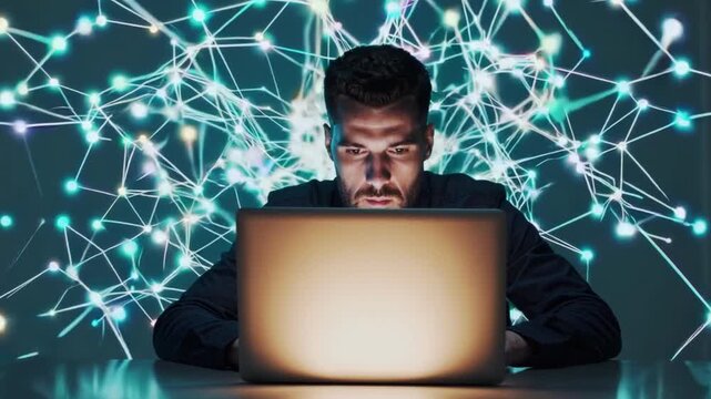 Young man at a laptop in a modern office as a morphing 3D network&mdash;glowing teal nodes and lines&mdash;rotates beside him, shifting topology like an AI/Internet graph; sleek, abstract tech vibe (4K, 16:9).