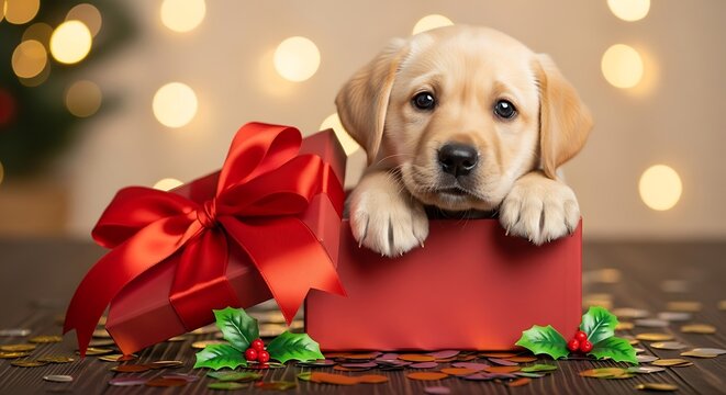 Christmas puppy gift dog pet cute holiday present box ribbon canine adorable festive season celebration national dog day