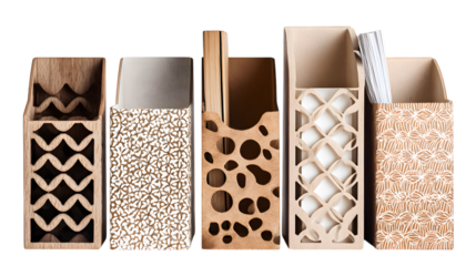 Stylish wooden office organizers display modern designs and natural textures for workspace decor collection isolated on white background 