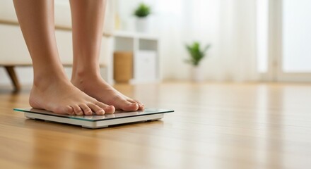 Weighing the Journey: A person stands on a digital scale, symbolizing wellness, health, and fitness. The scene evokes introspection and self-assessment, set within a bright, well-lit interior.