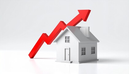 A small white house with a red arrow pointing upwards, representing growth.