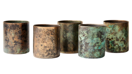 Set of five rustic decorative vases for a modern home decor display with unique color variations isolated on white background 