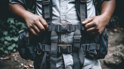 Person wearing tactical vest adjusts straps, preparing for outdoor adventure. vest is equipped with multiple pockets for essential gear
