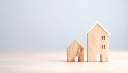 Two small wooden houses, one large, on a light surface, representing housing.
