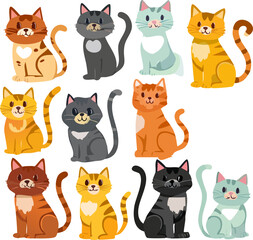 Cute cat designs with vibrant hues. Cartoon cat pattern with hearts and leaves. Playful cats in cheerful colors. Bright cat art with colorful hearts. Cute, colorful kittens in heart-themed art