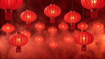 Vibrant red chinese lanterns glowing warmly in a smoky atmosphere creating a festive and celebratory mood